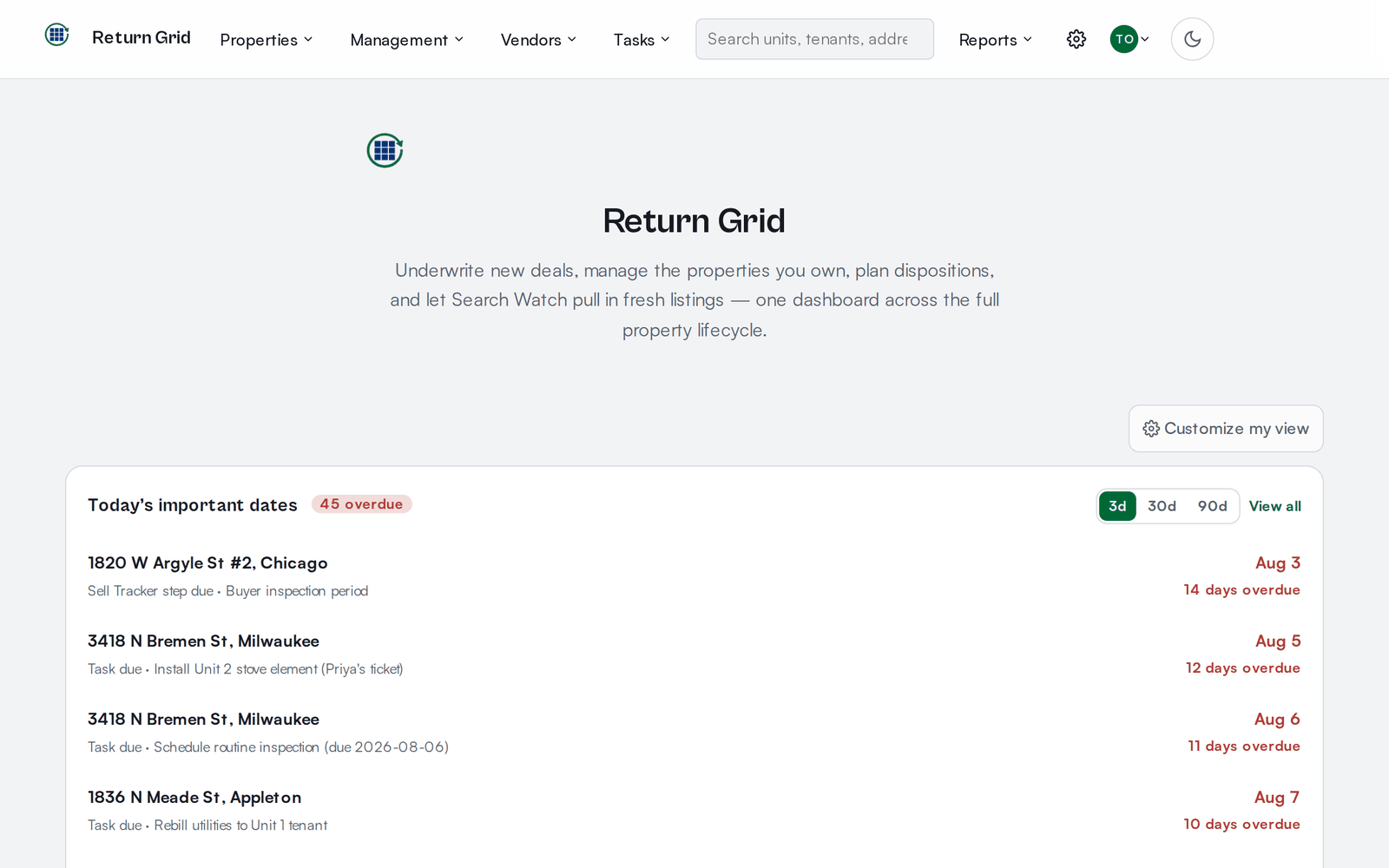 The Return Grid owner landing page with overdue rent and maintenance widgets