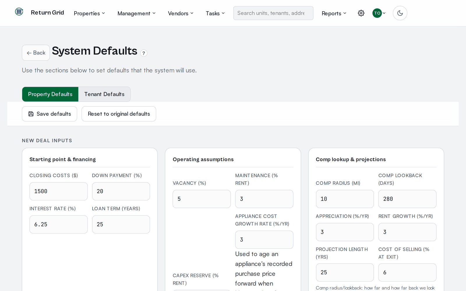 The System Defaults settings page, with financing, operating and comp assumptions