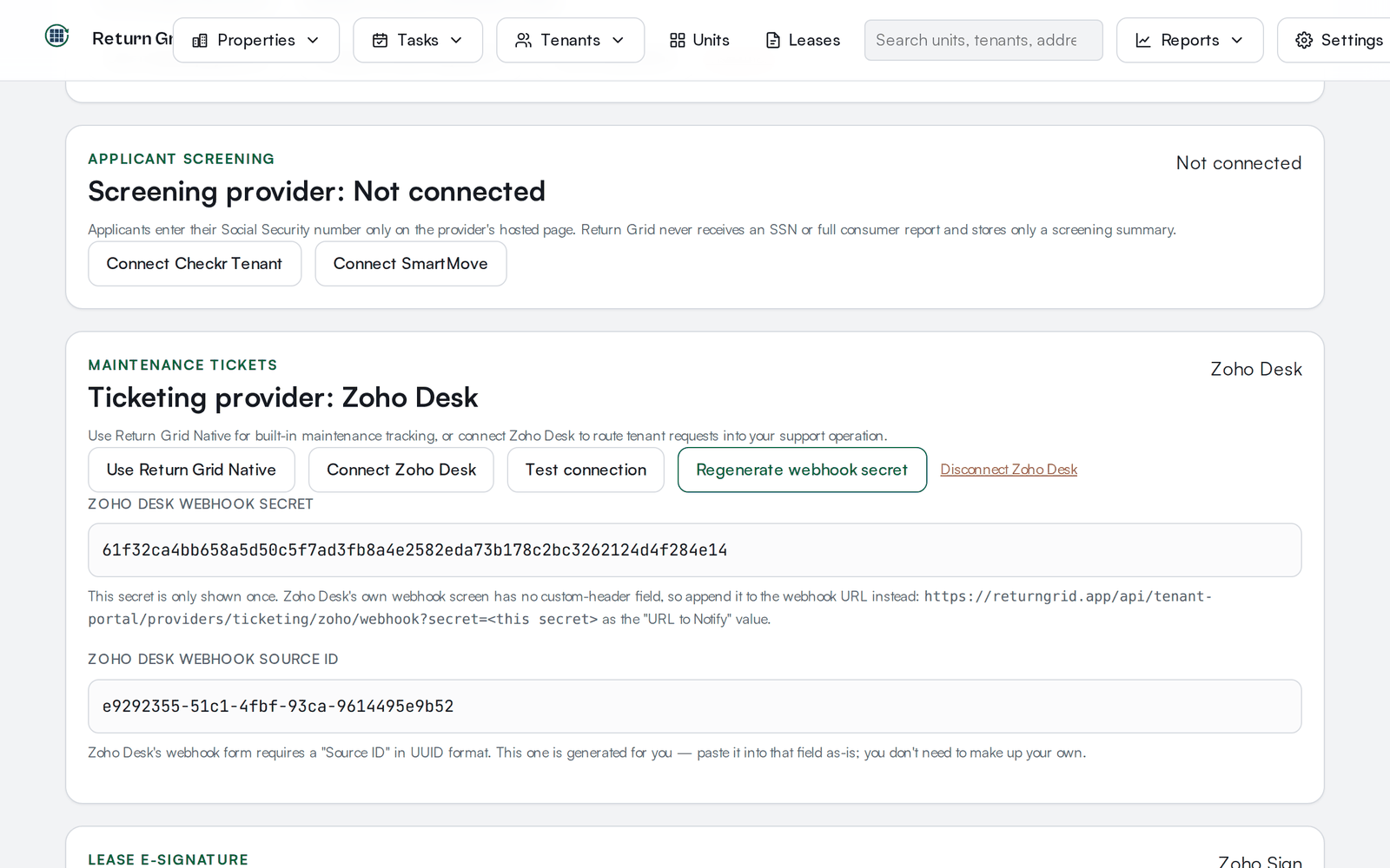 The Tenant Portal Providers page scrolled to the Maintenance tickets card, showing Ticketing provider: Zoho Desk connected, with Use Return Grid Native, Connect Zoho Desk, Test connection and Disconnect Zoho Desk controls, plus the revealed Zoho Desk webhook secret and webhook Source ID fields