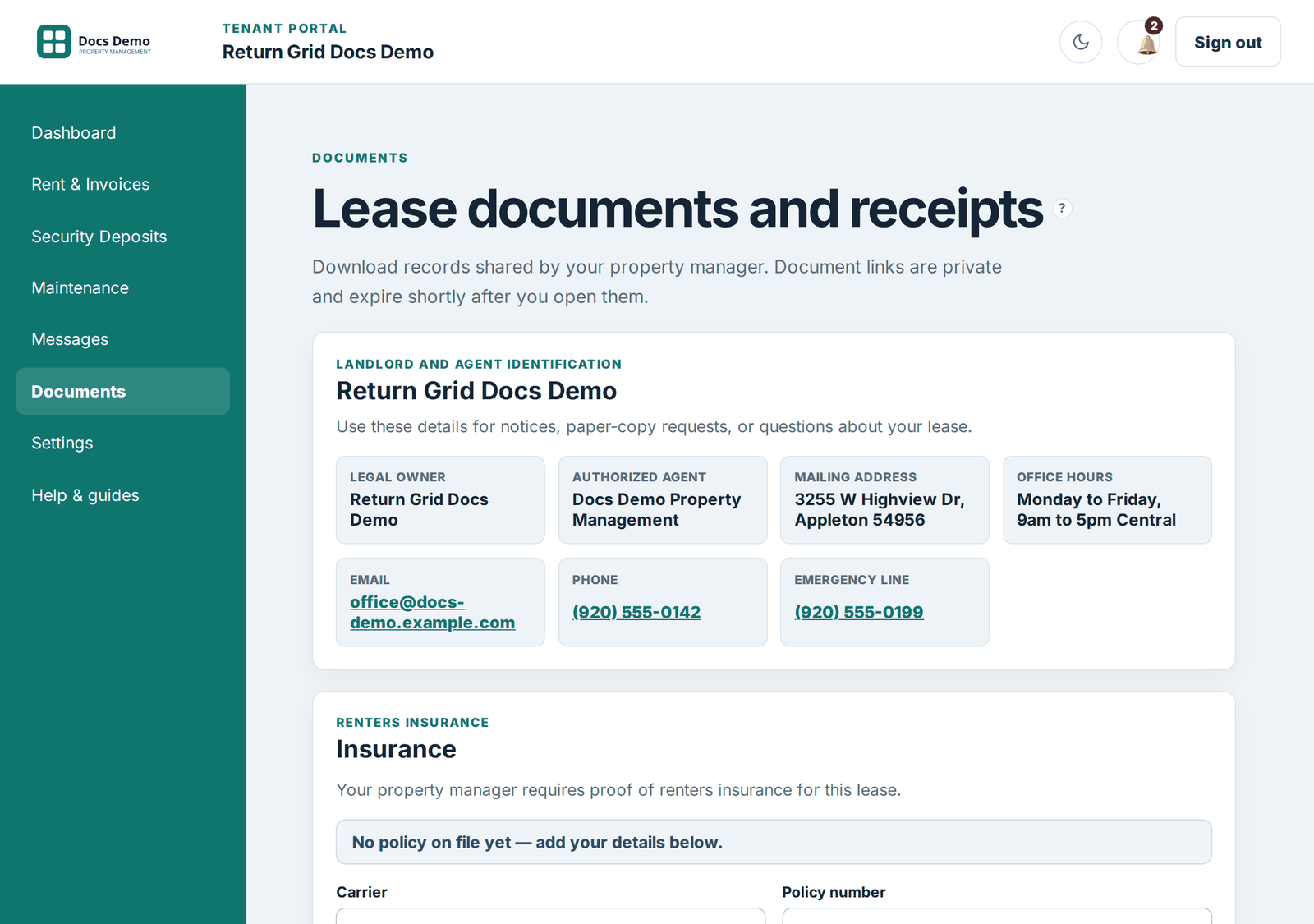 The Tenant Portal documents list