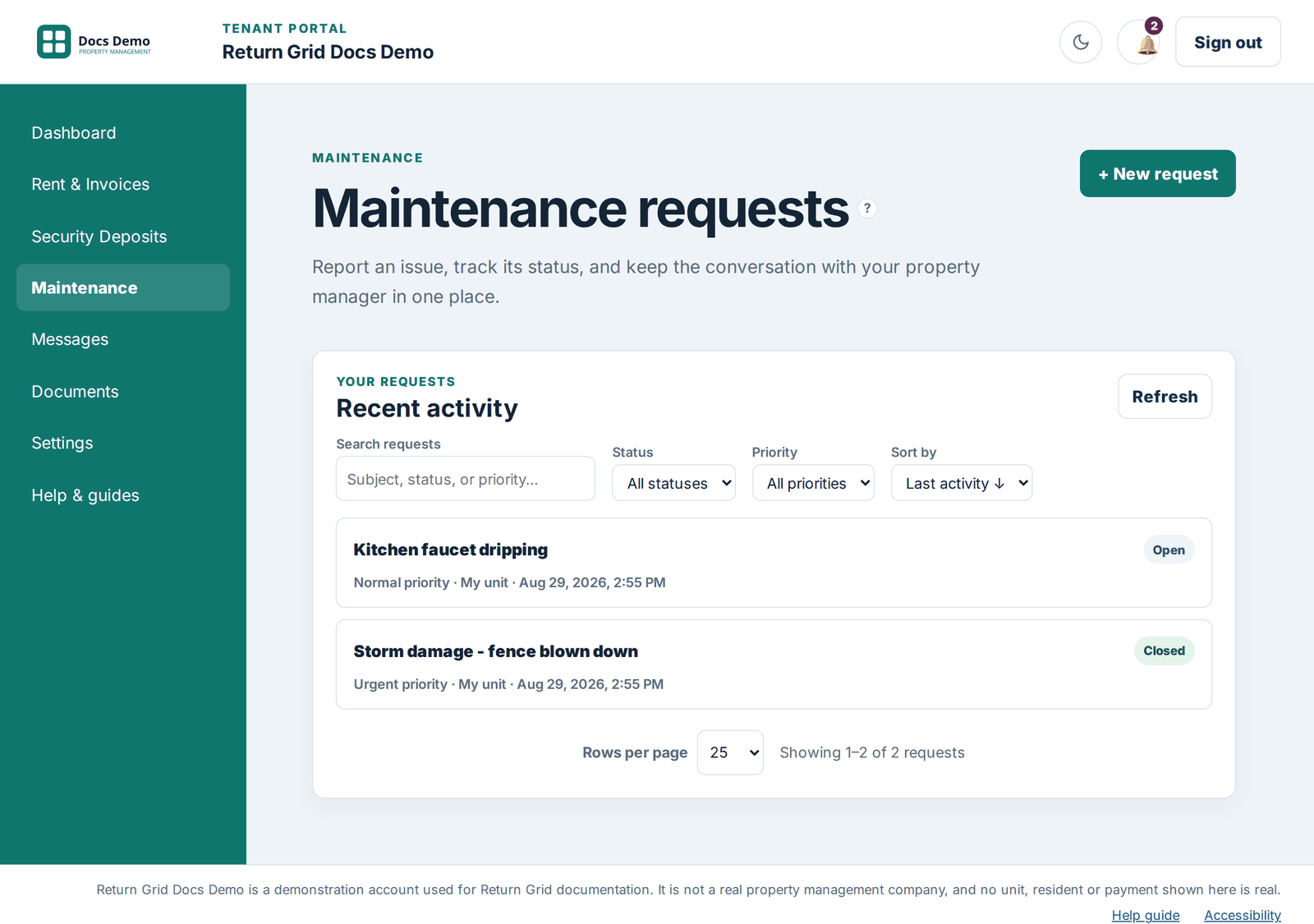 The Tenant Portal maintenance page with a new-request form and recent activity