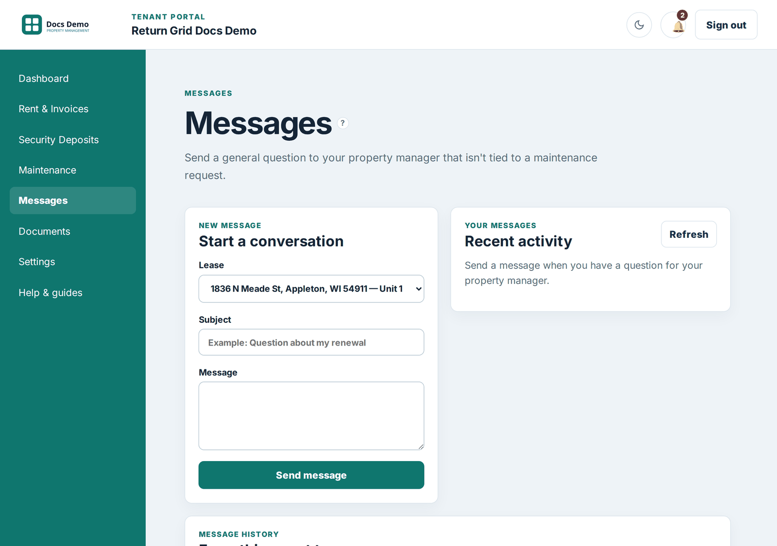 The Tenant Portal messages thread
