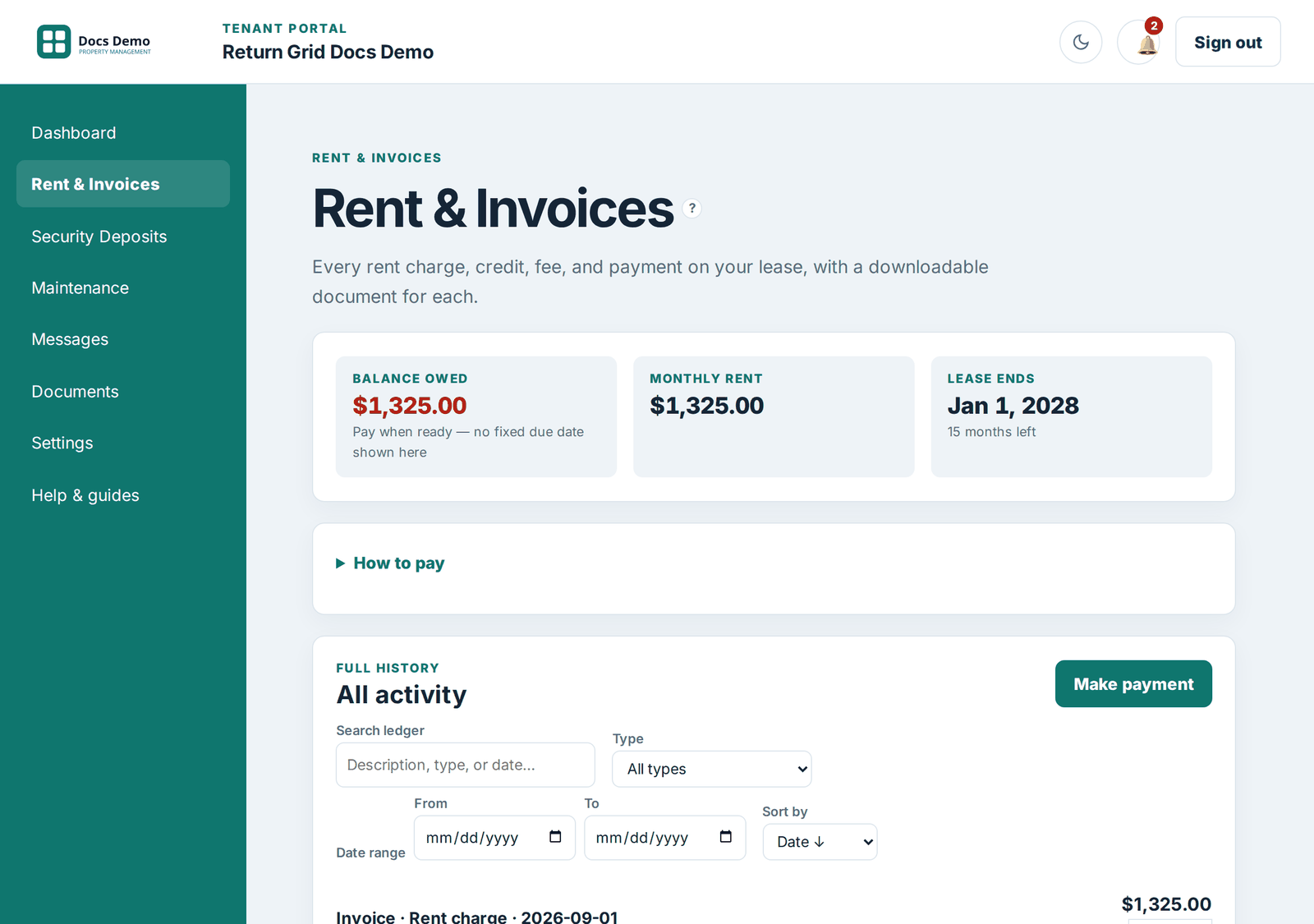 The Tenant Portal Rent & Invoices page showing payment instructions and the full ledger of activity
