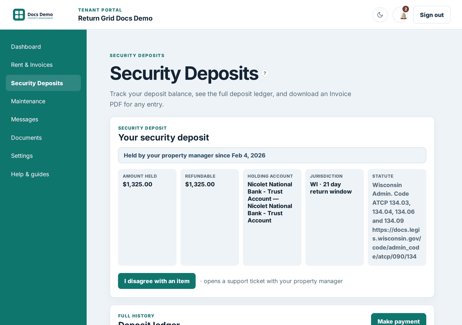 The Security Deposits page, showing a deposit status card with amount held, refundable amount, holding account, jurisdiction and statute, plus a deposit ledger table below with a Make payment button, search, type filter, and sort controls.