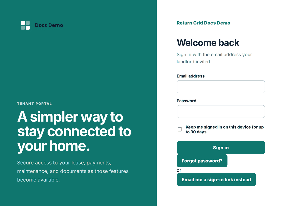 The branded Tenant Portal sign-in page